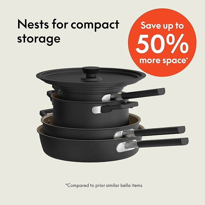 bella 9 Piece Ceramic Nonstick Cookware Set, Fits-anywhere™ Kitchenware w EverGood™ Coating, Dishwasher & Oven Safe, All Stovetops Compatible, Stackable Design, Cool Touch Handles, Black