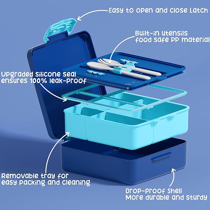 Fimibuke Bento Lunch Box for Kids, Leak Proof Toddler Bento Box with 4 Compartments BPA Free Dishwasher Safe Lunch Container with Utensils, Ideal Portion Sizes for Ages 3-12 Girls Boys for School