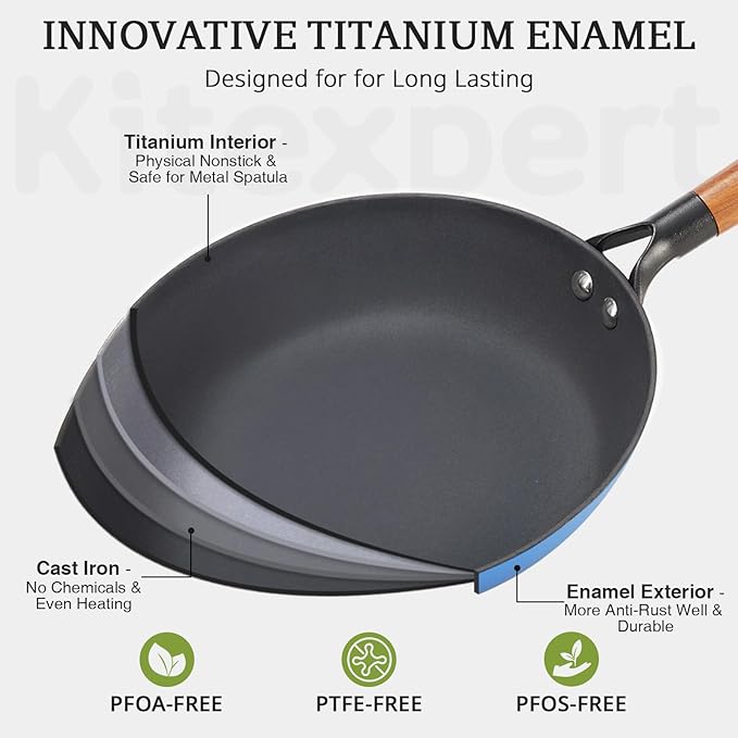 KITESSENSU Enameled Cast Iron Skillets - Non Stick Frying Pans Set with Durable Wooden Handle - 10&12 Inch Titanium Cast Iron Pans for Multi-Cooking - Pre Seasoned Cookware Set - Gradual Cobalt Blue