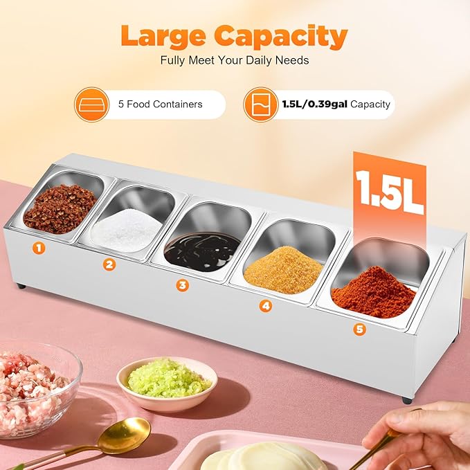 5 Pan Spice Rack Shelf, Stainless Steel Seasoning Organizer with 5 1.5L Food Containers and Lids, Pizza Topping Station Organizer Inclined for Restaurants, Hot Pot and Fruit Shops, 33.86x8.86x8.66in