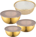 Gold Mixing Bowls with Airtight Lids Stainless Steel Mixing Bowl Set of 3 Metal Nesting Organizers and 1 Colander Non-slip Bottom for Baking Serving Food Size 2.22, 1.27,0.74 QT, Stackable