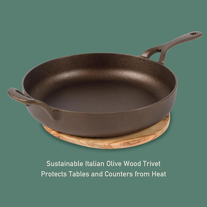 Bloomhouse - Two Time Oprah's Favorite Things Winner - Natural Bronze Finish 12" Cast Iron Skillet w/Long Handle, Helper Handle & Olive Wood Trivet – Olive Oil Treated Fry Pan, Oven & Stovetop Safe