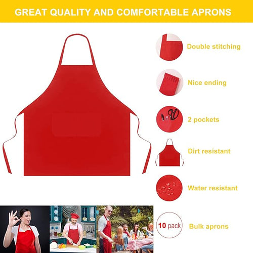 10 Pieces Red Bib Aprons Bulk with 2 Pockets, Painting Grilling BBQ Cooking Kitchen Aprons Bulk for Women Men Adults (10, Red)