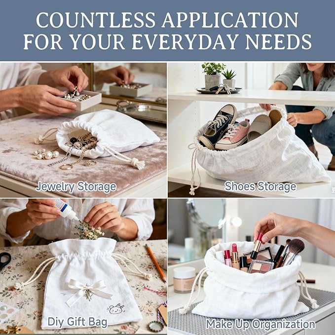 Simple&Opulence 12-Pack 5” x 7” Linen Cotton Drawstring Bags Reusable Grocery Sacks, DIY Craft Sachet Sacks Storage Cloth Bags for Party Wedding Home Bulk Produce Bags, Washable, White