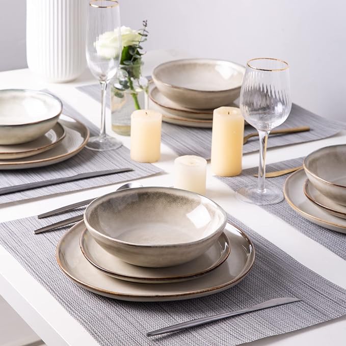 AmorArc Ceramic Dinnerware Sets,Handmade Reactive Glaze Stoneware Plates and Bowls Sets,Highly Chip and Crack Resistant | Dishwasher & Microwave Safe Dishes Set,Service for 4 (12pc)