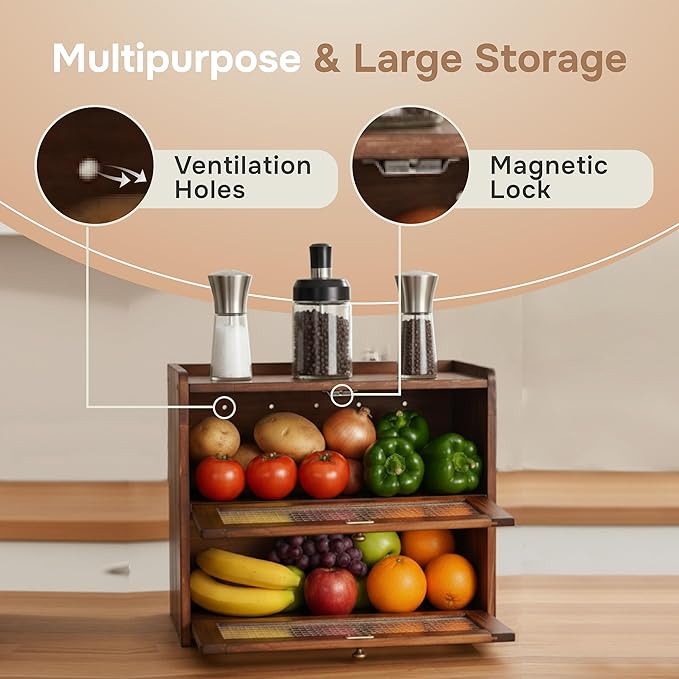 Bread Box for Kitchen Countertop - Wooden 2 Tier Bread Box with 10x Bread Bags and 10x Bread Bag Ties Vintage Breadbox Bread Storage Container Farmhouse Food Organizer Pantry Shelf (Brown)