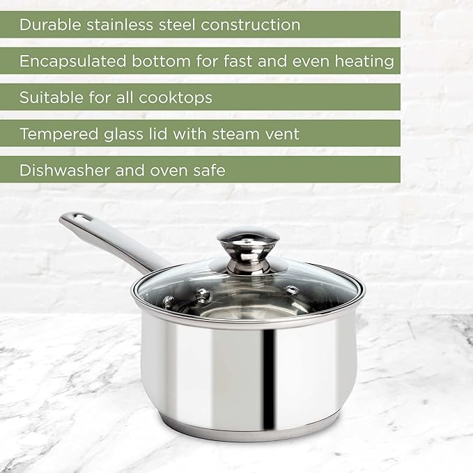 Ecolution Stainless Steel Sauce Pan, Encapsulated Induction Ready Cooking Pot with Glass Lid, Oven Safe, Dishwasher Safe Soup Pot, 2-Quart