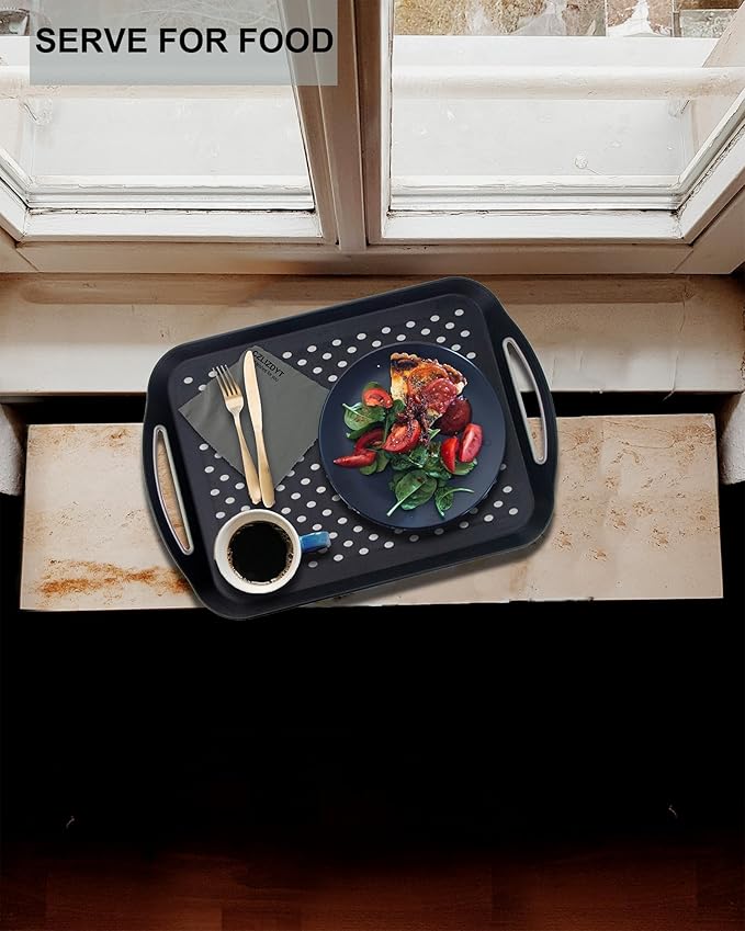 Large Nonslip Serving Tray with Handles, Silicone Grippy Dots Lap Food Trays for Eating, Dishwasher Safe Serve for Breakfast Dinner Snack Fruit Appetizers Beverage, Rectangular, Set of 2, Black