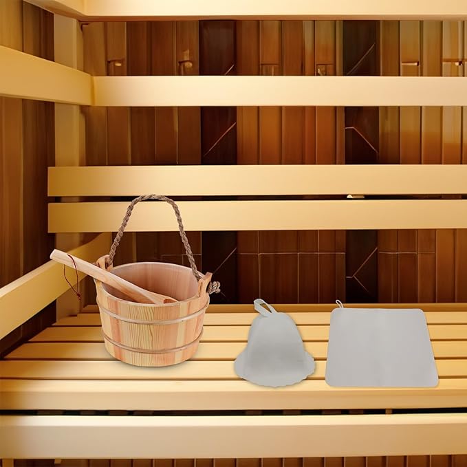 Novalty Handmade Sauna Bucket & Ladle Set Traditional Wooden Water Bucket 5 Liter (1.3 Gallon) with Plastic Liner, Bonus Sauna Hat and Seat Pad for Home Hotel Sauna Room Sauna Heater