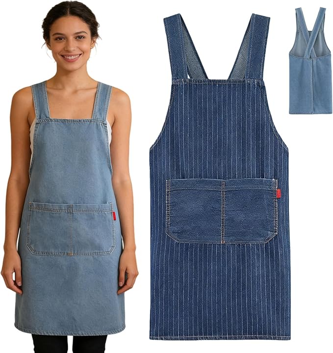 2026 New Adult Jour Apron - Lightweight Cotton Apron with Front Pocket, Cross-Back Jean Kitchen Aprons for Women Men