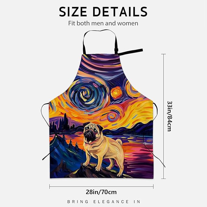 Cute Pug Dog Apron for Women Men, Cooking BBQ Chef Polyester Lightweight Starry Night Aprons with Pockets for Baking Kitchen Gardening Cleaning, Adjustable Neck Strap, 28×33inch