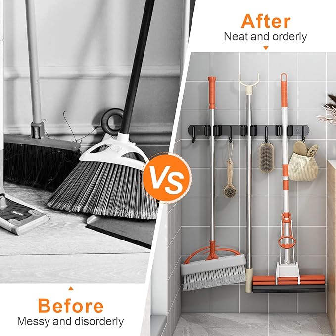 Mop and Broom Holder Wall Mount, Upgraded Broom Organizer Wall Mount, Stainless Steel Broom Hanger Wall Mount for Home Kitchen Garden Laundry Garage (5 Racks with 4 Hooks Black)