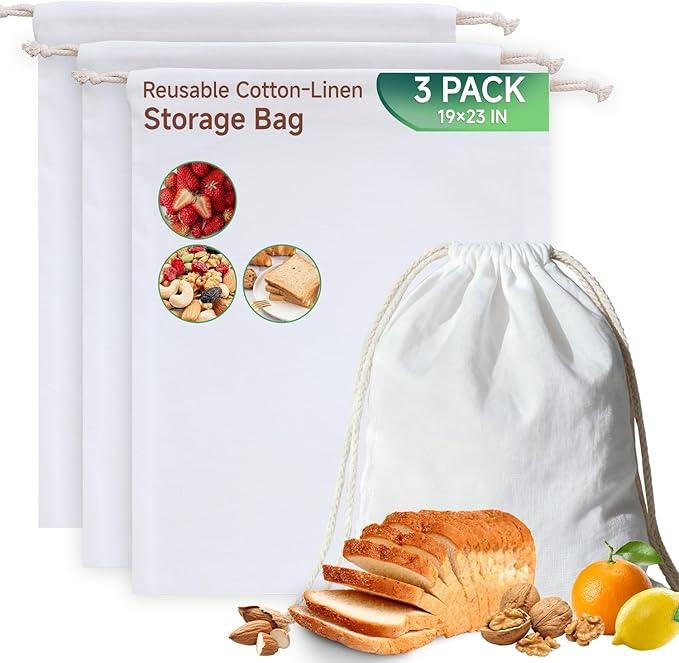 Simple&Opulence 3-Pack 19” x 23” Linen Cotton Drawstring Bags Reusable Grocery Sacks, DIY Craft Sachet Sacks Storage Cloth Bags for Party Wedding Home Bulk Produce Bags, Washable, White