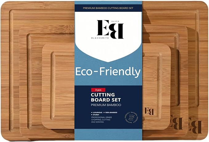 Bamboo Cutting Board Set (3-Pc) – Eco-Friendly Small/Medium/Large Chopping Boards with Deep Juice Groove & Handles – Heavy-Duty Butcher Block for Meat, Vegetables & Charcuterie