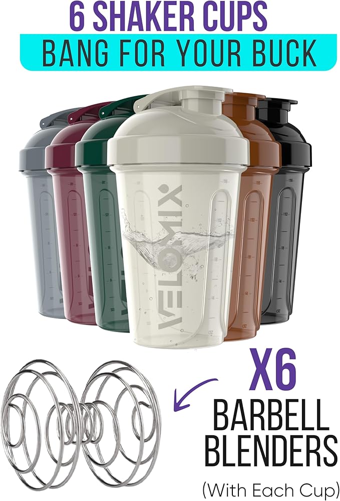 VELOMIX -6 PACK- Shaker Cups for Protein Shakes 20 oz - 6x Wire Whisk | Leak Proof Protein Shaker Bottle for Protein Shakes, Shaker Bottle Pack for Pre & Post Workout, Shaker Cup (Mood Tones)