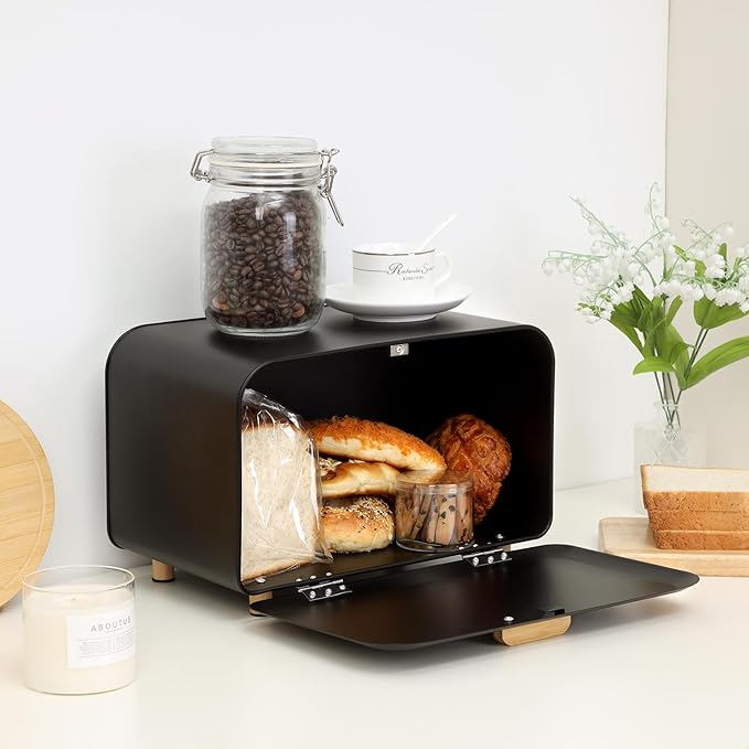 Black Bread Box for Kitchen Countertop - Large Capacity Bread Storage Container Modern Bread Box - Stylish Metal Bread Organizer