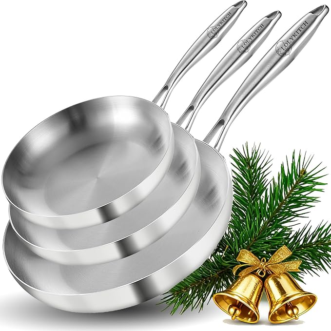LOLYKITCH Tri-Ply Stainless Steel Frying Pan Set, 3-Piece (8+10+12 Inch) Stainless Steel Cookware, Induction Compatible Skillets for All Stovetops, Dishwasher Safe Pans