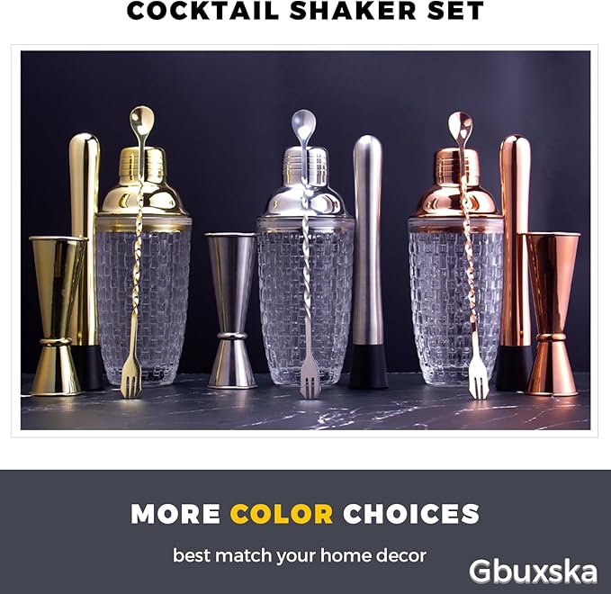 Cocktail Shaker Set - Glass Mixed Drink Shakers Cocktail Set, Martini Shaker with Strainer for Bars, Whiskey, Cocktails (Rose Gold Set)