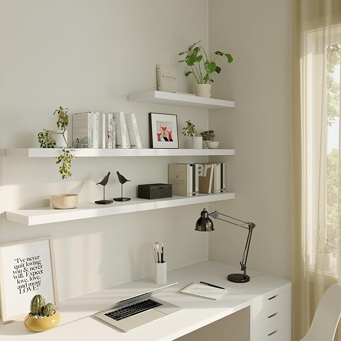 12 Inch Deep Floating Shelves for Wall 2 Pack Floating Shelfs Large Storage Space Wall Decor Display Shelf for Bathroom Living Room Bedroom Kitchen 48" W x 12" D x 1.2" H White