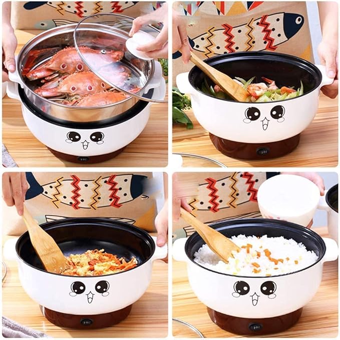 4-in-1 Multifunction Electric Skillet Non-Stick Stainless Steel Hot Pot Noodles Rice Cooker Steamed Egg Soup Pot Portable Mini Heating Pan Cooking Fried with Steam Grid