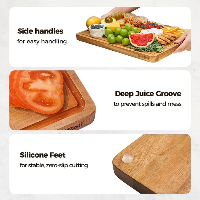 Acacia Wood Cutting Board for Kitchen, 3 Set with Holder - FSC Certified Large Wood Charcuterie Cheese Board with Handles and Juice Grooves, Wooden Chopping Block, Ideal Gift Set of 3 (S/M/L)