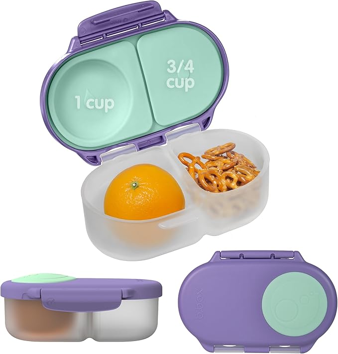 b.box Snack Box Reusable Snack Containers with Lids 2 compartments, Bento Box for kids and toddlers, Leakproof Lunch Box, BPA free and Dishwasher Safe Snack Container (Lilac Pop, 1 3/4 Cup)