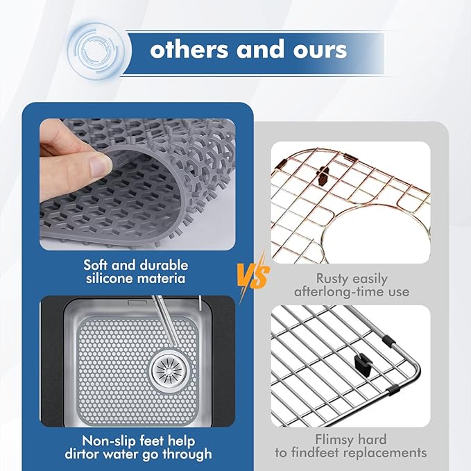 2 Pack Silicone Kitchen Sink Protector Mat with Rear Drain - 13.58''x 11.6'' Kitchen Sink Accessory, Folding Non-Slip Heat Resistant Mat Grid for Bottom of Porcelain Stainless Steel