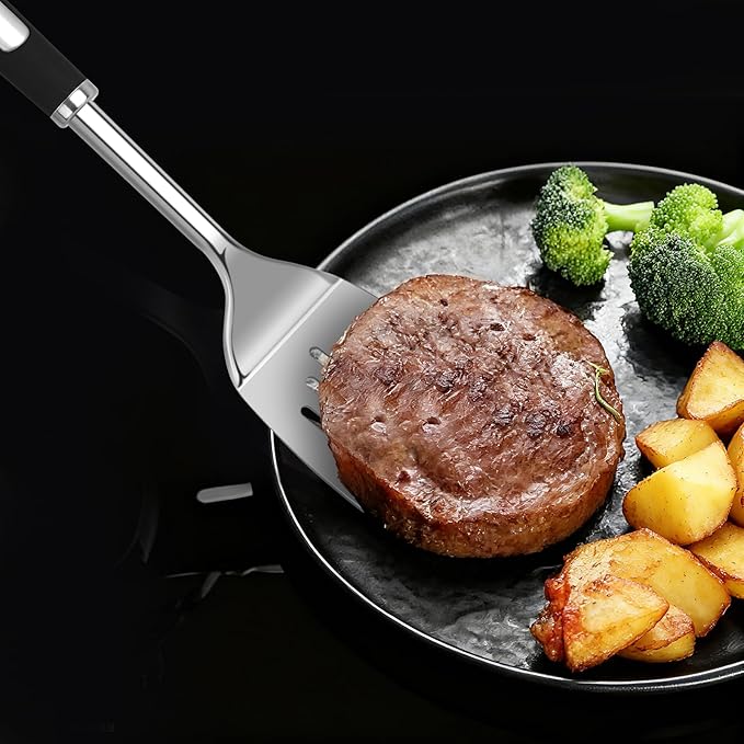 5-Piece Stainless Cooking Utensils,Heavy-Duty Thickened Cooking Utensils,Kitchen Tools Include Solid & Slotted Spatula,Soup Ladle,Egg Whisk,Tongs,Skimmers