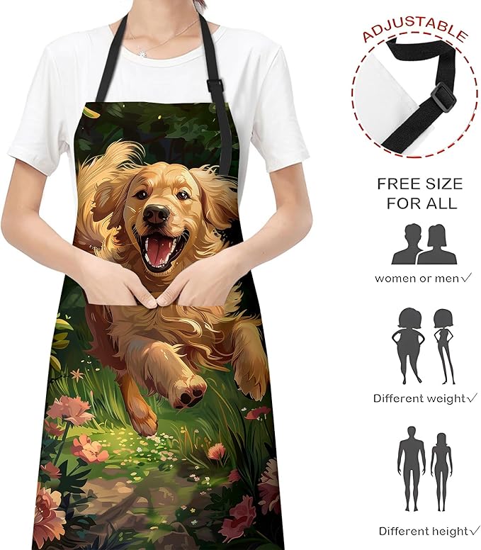Playful Golden Retriever Apron for Women Men, Cooking BBQ Chef Polyester Lightweight Joyful Running Dog Aprons with Pockets for Baking Kitchen Gardening Cleaning, Adjustable, 28×33inch