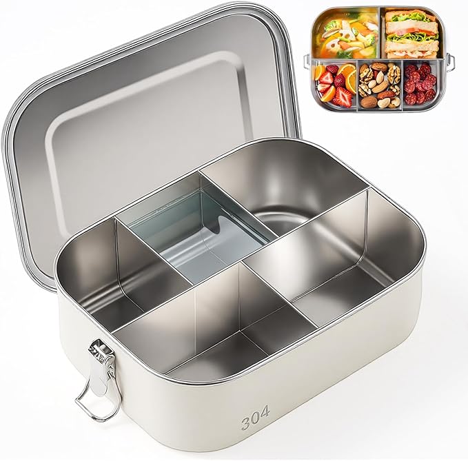 Leakproof Stainless Steel Bento Box (1600ml/54oz) with 5 Sealed Compartments, Metal Lunch Container for Women Adult, Metal Food Storage Lunch box for Work, Travel
