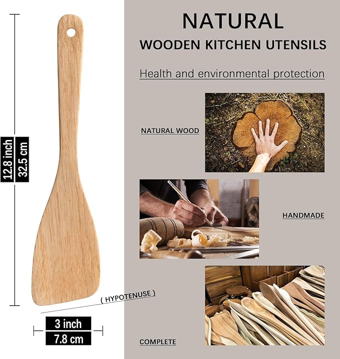 2PCS Wooden Spatulas for Cooking, 12.8inch Coated Schima Wood Turners for Frying, Non-Scratch Wood Bevel Spurtle for Pan & Wok,Wooden Cooking Utensils for Non Stick Cookware,Long Handle Scraper