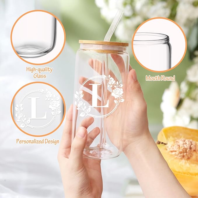 Birthday Gifts for Women, Monogrammed Initial Glass Cup Personalized Gifts for Women, 16oz Glass Cups with Lids and Straws, Iced Coffee Cup, Beer Can Shaped - Gift for Christmas, Birthday, L