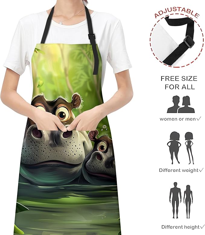 Playful Hippo Apron for Women Men, Cooking BBQ Chef Polyester Lightweight Cute Cartoon Hippo Aprons with Pockets for Baking Kitchen Gardening Cleaning, Adjustable Neck Strap, 28×33inch