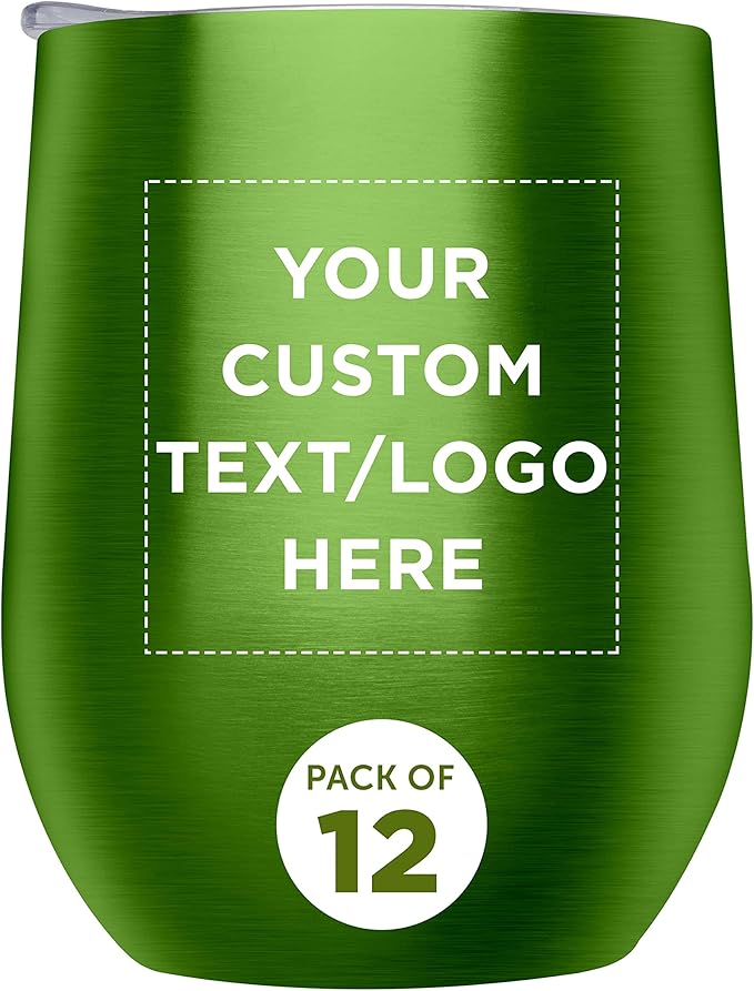 Custom Stemless Wine Glass Tumblers with Lids by Largo 11 oz. Set of 12, Personalized Bulk Pack - Perfect for Wine, Cocktails, Other Hot & Cold Beverages - Lime Green
