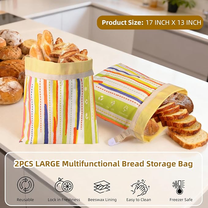 2-Pack Beeswax Bread Bags for Sourdough Homemade Bread，XL Reusable Beeswax Bread Storage Bag，Portable with large capacity，Keeps Fresh, Easy to Clean