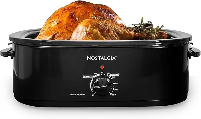 HomeCraft Nostalgia Electric Roaster Oven, 18-Quart Capacity for Turkey, Chicken, Meat, Vegetables, Full-Range Temperature Control, Lift-Out Rack, and Removable Enamel Pot Included, Black