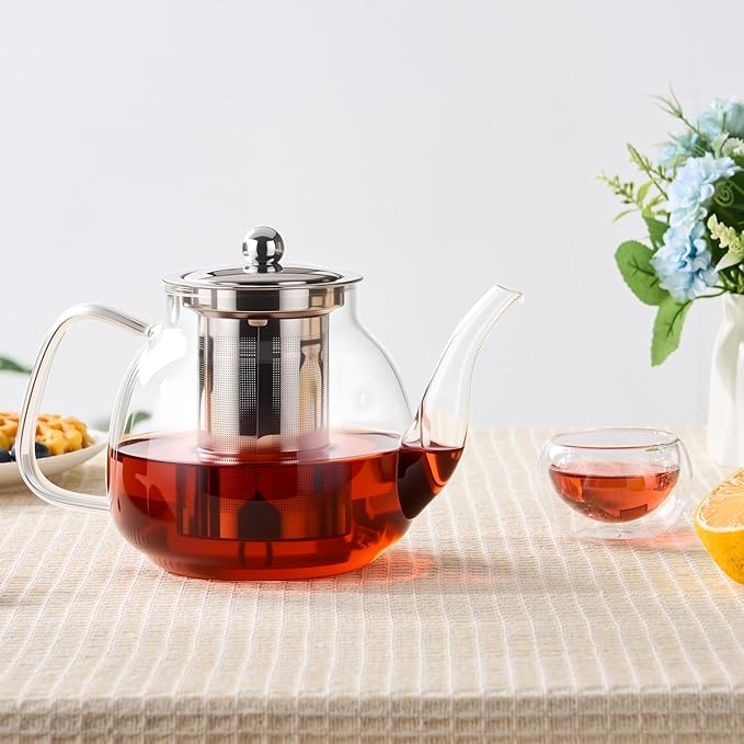 PARACITY Glass Teapot Stovetop 34 OZ, Borosilicate Clear Tea Kettle with Removable 18/8 Stainless Steel Infuser, Teapot Blooming and Loose Leaf Tea Maker Tea Brewer for Camping, Travel
