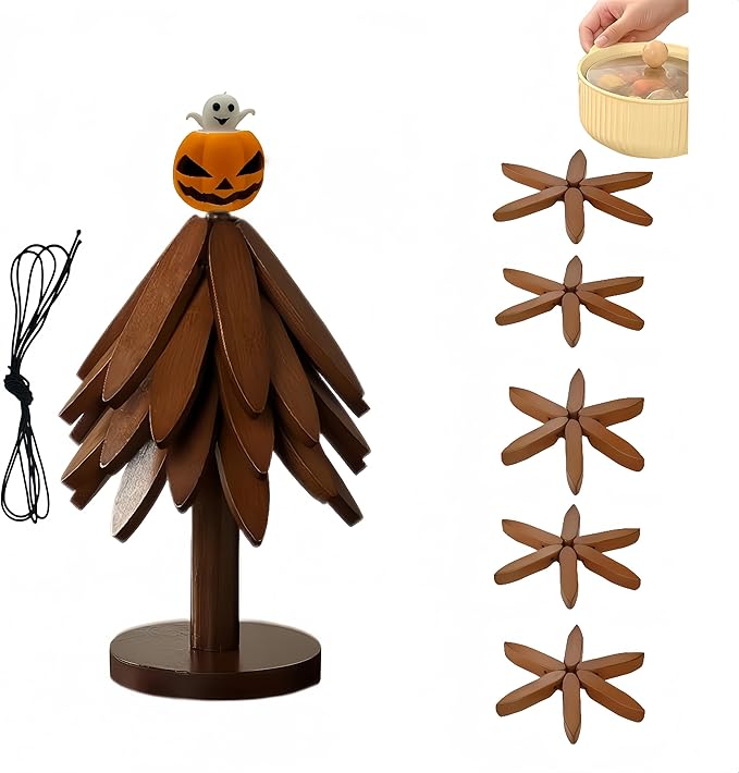 Christmas Tree Trivet Set of 5, Foldable Bamboo Hot Pad Holder for Hot Pots/Pans/Dishes, Walnut Brown Kitchen Serving Tray, Holiday Table Decor