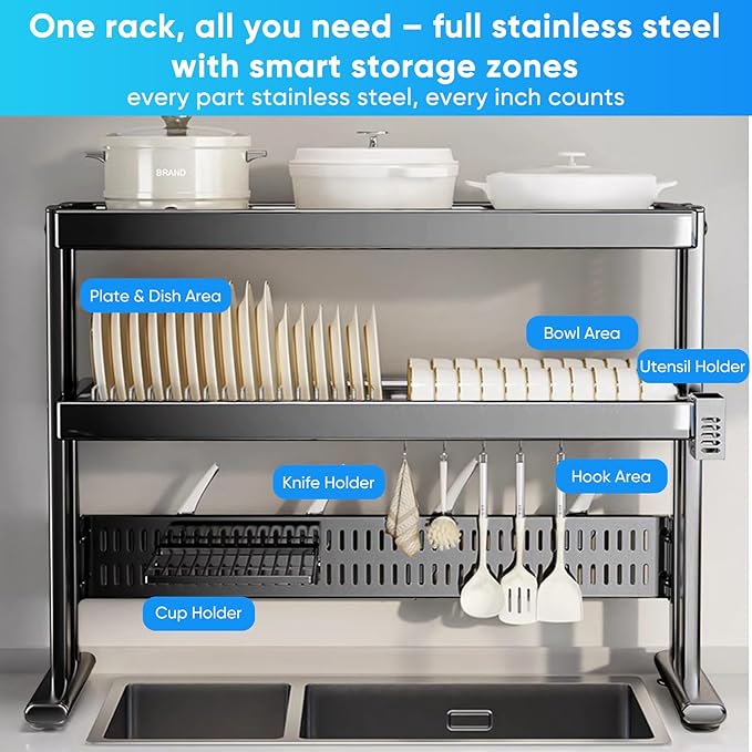 Large Over The Sink Dish Drainer Drying Rack，2 Tier Large Capacity Stainless Steel Dish Drying Rack Over Sink, Multifunctional Kitchen Organizers and Storage Dish Rack (Black, Double Layer)