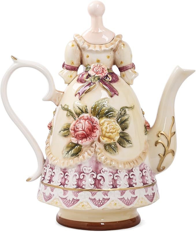 Large Ceramic Teapot and Coffee Pot with Lid, 3D Embossed Victoria Pink Rose Flowers Decorative Teapot(Red）