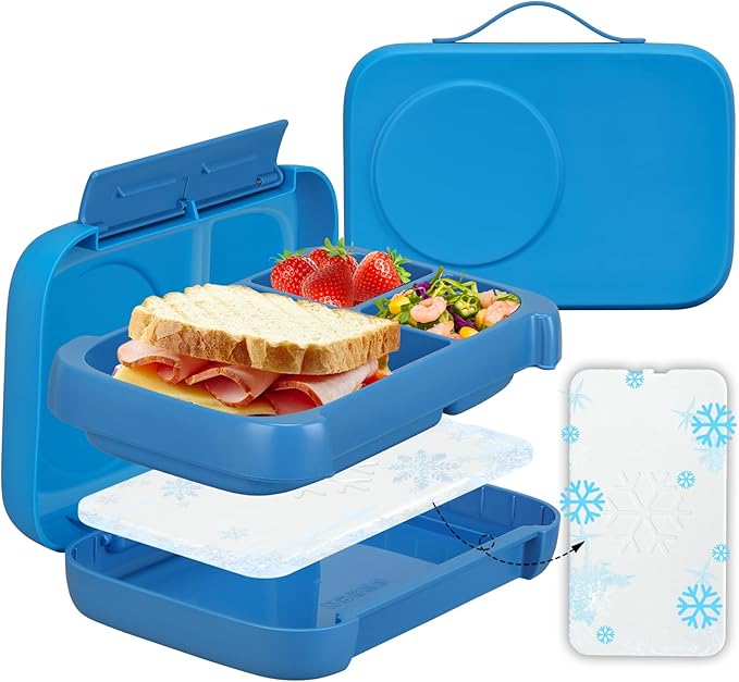 MAISON HUIS Chill Bento Lunch Box for Kids Adult with Ice Pack 3 Compartments Leakproof Lunch Containers Keep Food Cold for Girl Boy School