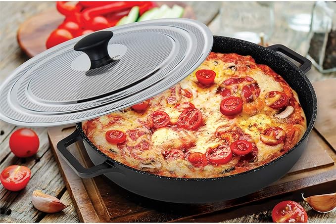 MasterPan Non-Stick Stovetop Oven Grill Pan with Heat-in Steam-Out Lid, nonstick cookware, 12", Black,
