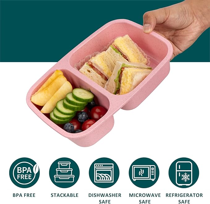 Bento Lunch Box 2 Compartment Lunch Containers, Reusable Kids Lunch Box Containers with Lids, Stackable Food Containers for Lunch, Microwave & Dishwasher Safe for Travel Work & School(5 Pack)