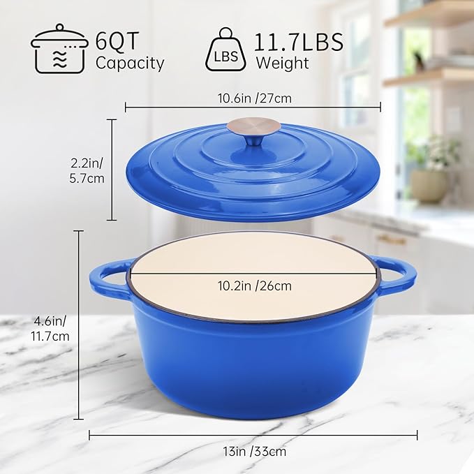 6 Quart Enameled Cast Iron Dutch Oven Pot with Lid and Silicone Accessories, Oven Safe up to 500°F or on Stovetop, Non-stick Dutch Oven for Bread Baking, Cooking, Dual Handles Cookware, Blue
