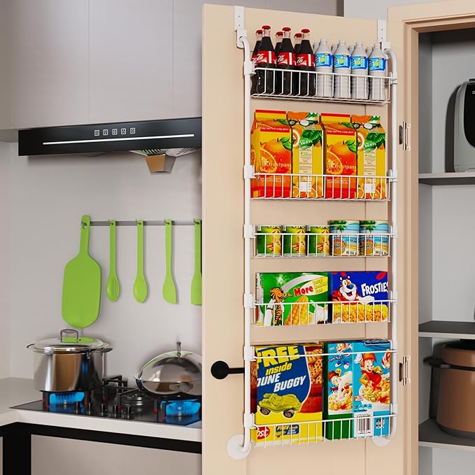 White Over the Door Pantry Organizer 5 Tier, Adjustable Basket Pantry Door Organizer and Storage, Heavy Duty Metal Kitchen Hanging Spice Rack (D5xW19xH50 Inches)