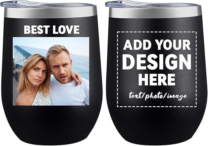 MEWAY Personalized Custom 12oz Wine Tumbler with Lid, Insulated Double Wall Vacuum Travel Tumbler Gifts with Text Photo Logo (Black, 1pack)
