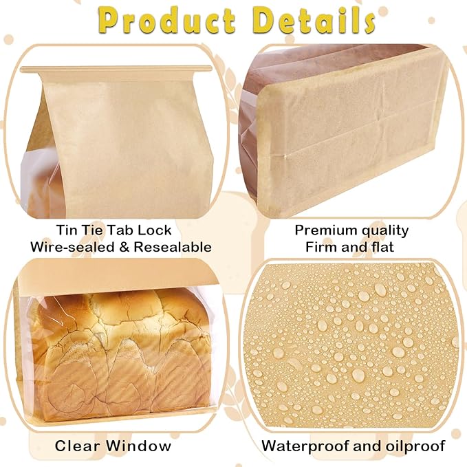 50PCS Paper Bread Bags, Bread Bags for Homemade Bread with Tin Tie Lock,Sourdough bread bags with Window,Bakery Bags for Bread,Sourdough,Cookie,Muffin,Bagels(8.7 x 4.3x 11 Inches)