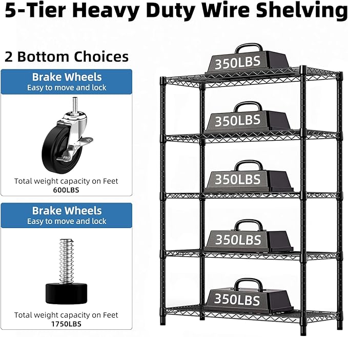 5-Tier 2200LBS Storage Shelves,Adjustable Wire Shelving for Pantry Organizers and Storage Heavy Duty Garage Shelving for Kitchen, Basement,Warehouse(Black,17,7Dx 47.2" W x 76.7" H)