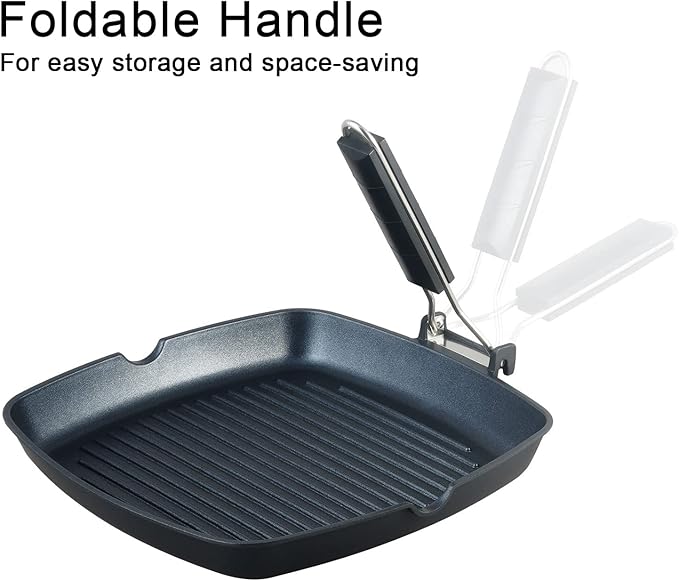SKITCHN Nonstick Grill Pan With Folding Handle - Induction Compatible KBBQ Pan for Stove Tops, Indoor Square BBQ Grilling With Pour Spouts - 11 in
