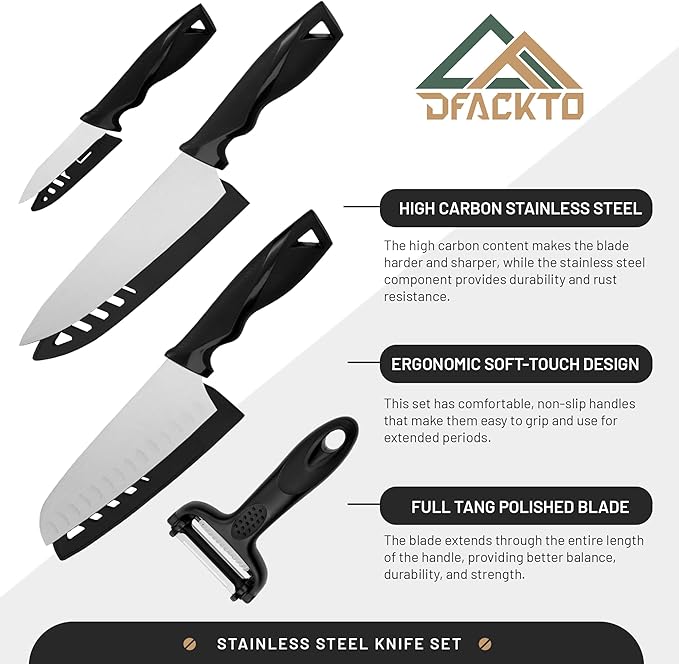 DFACKTO 4-Piece Kitchen Knife Set with Vegetable Peeler without Block – Stainless Steel Knives for Kitchen, Dishwasher Safe Cooking Knife Set with Covers, Sharp Cutting Knives for Cooking – Black